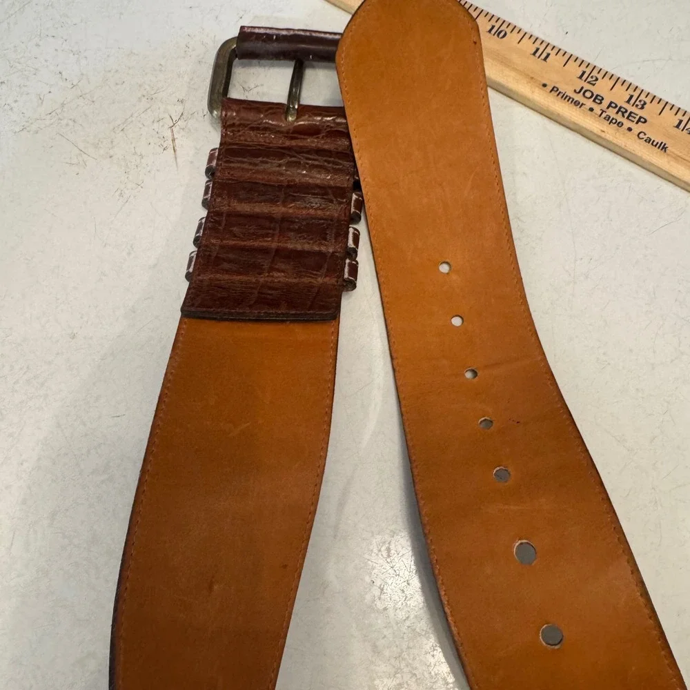 Joan & David Belt Womens Medium Brown Croc Embossed Leather Wide Waist Vintage